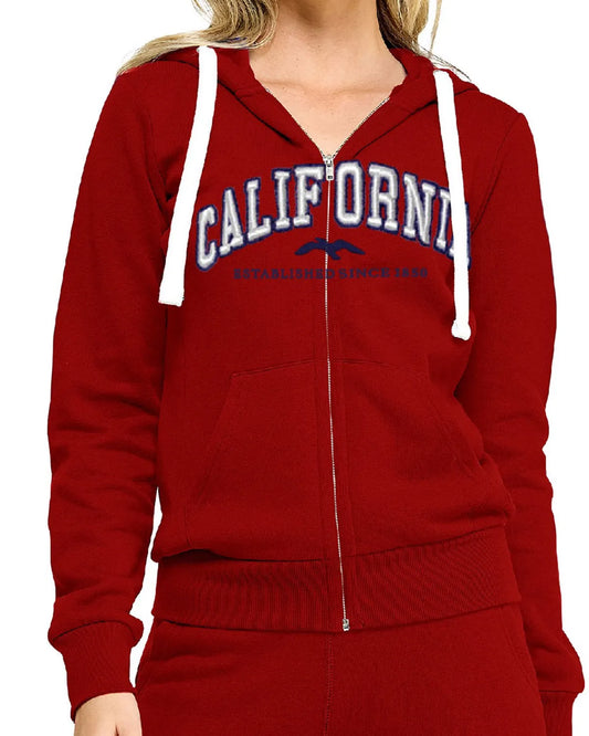 Red Fleece Zip Up Jacket With California Embroidery